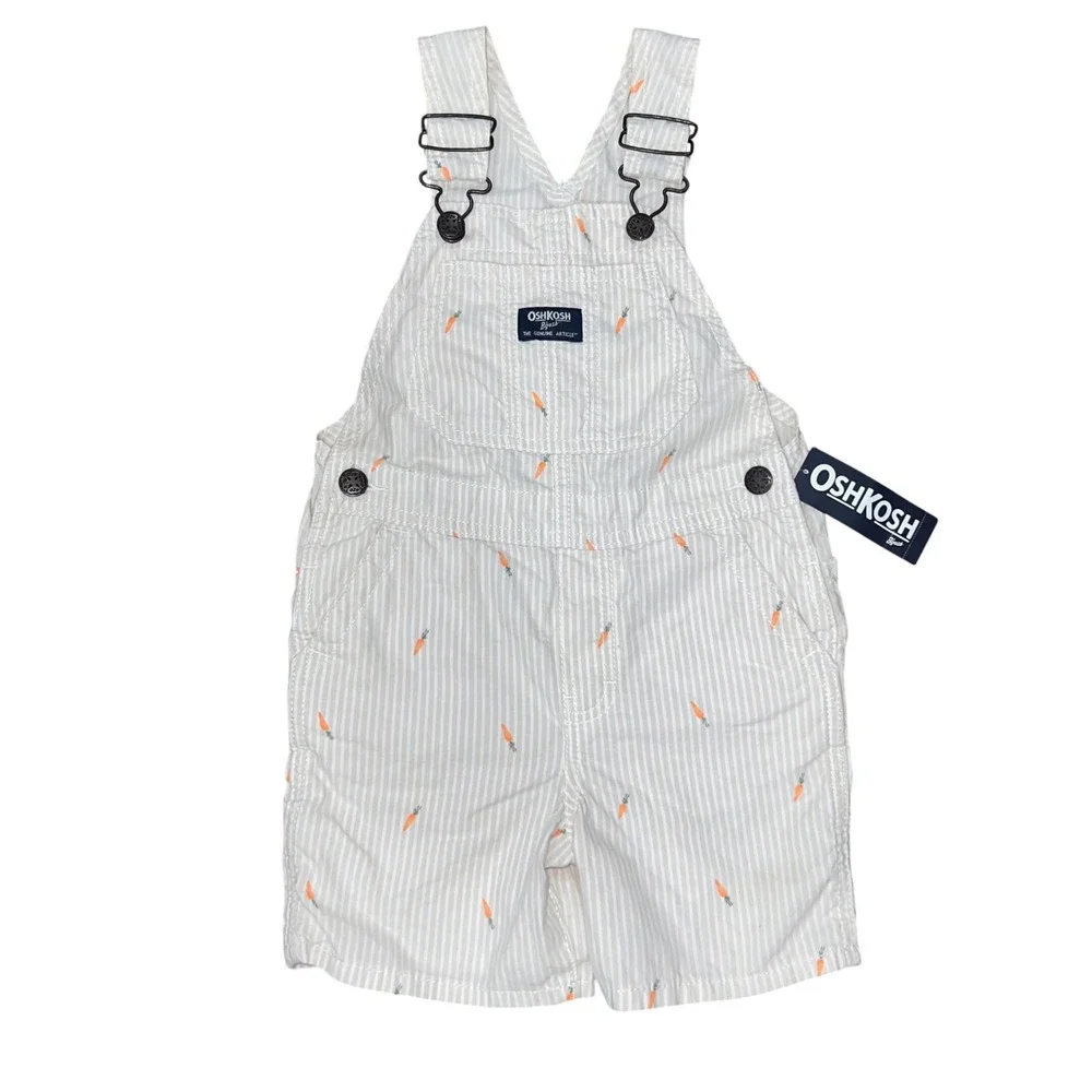 OshKosh Bgosh Toddler 3T Striped Carrot Embroidered Shortalls Overalls NEW